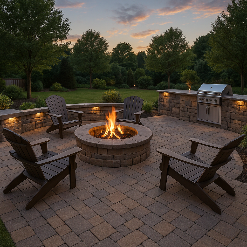 Paver patio with firepit and kitchen - Prendergast Landscape Contractors