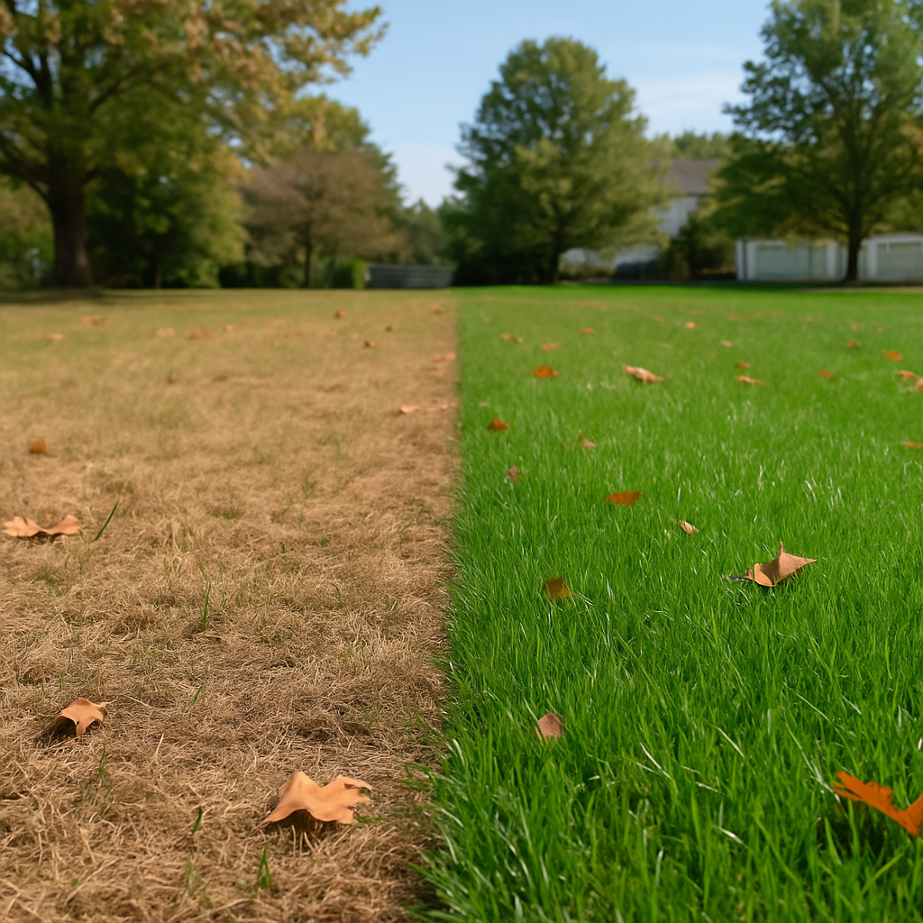 Lawn Transformation Before and After Aeration and Seeding